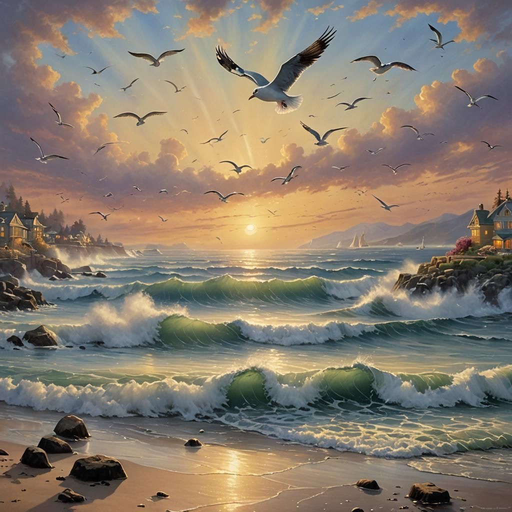 Ethereal Beach Sunset with Seagulls, Fantasy Style