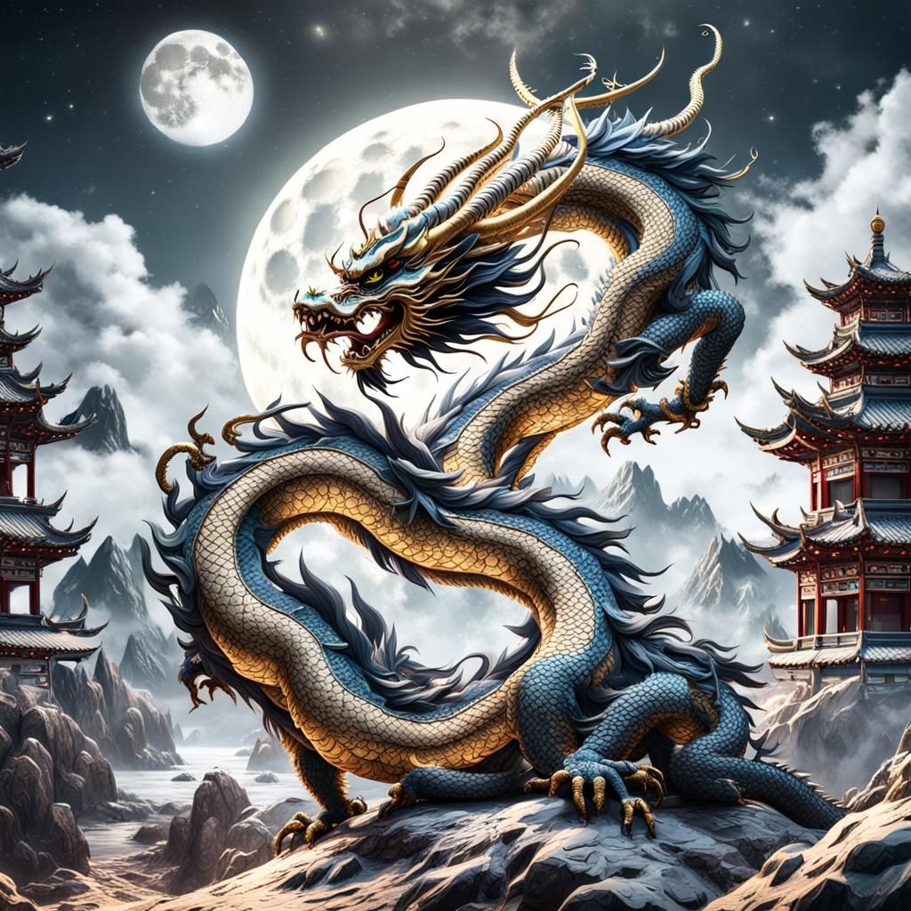 Chinese Dragon and Full Moon: Detailed Matte Painting
