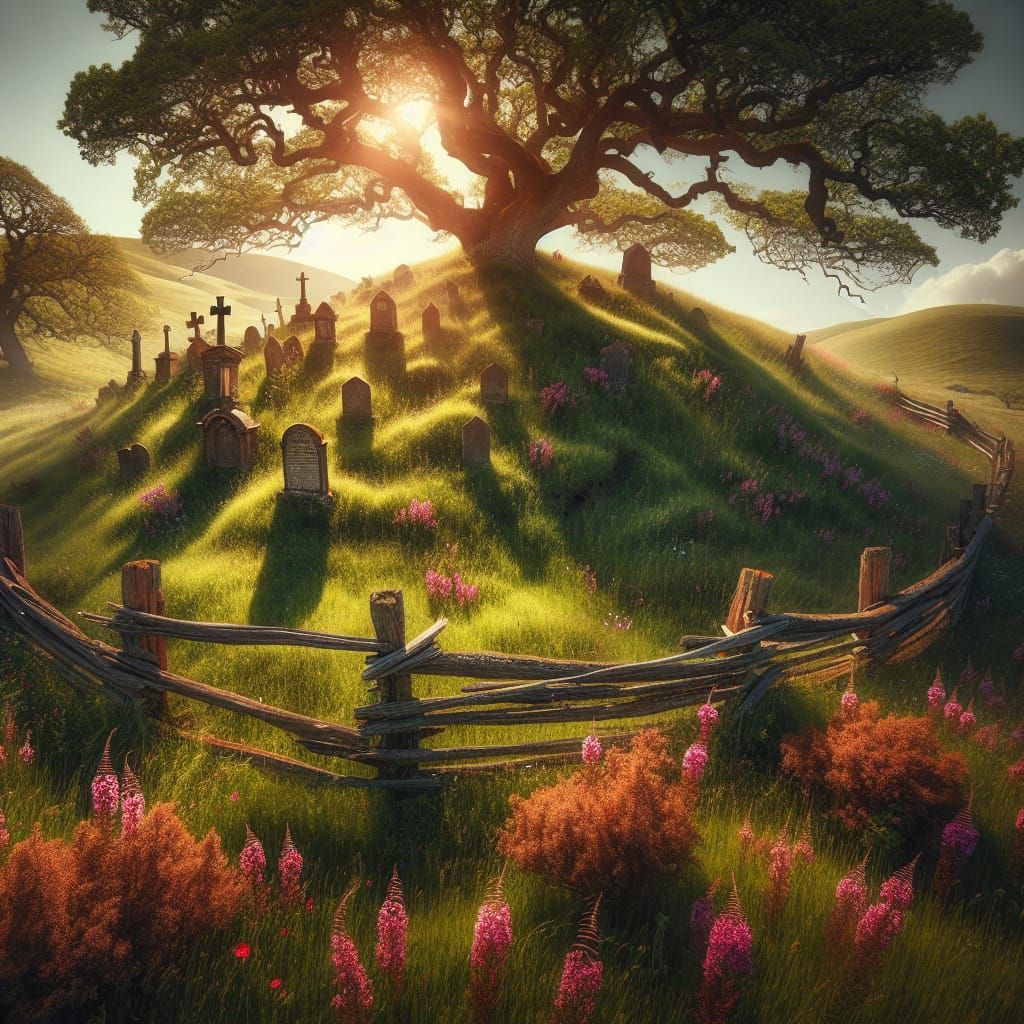 Sunlit Graveyard Meadow with Wildflowers