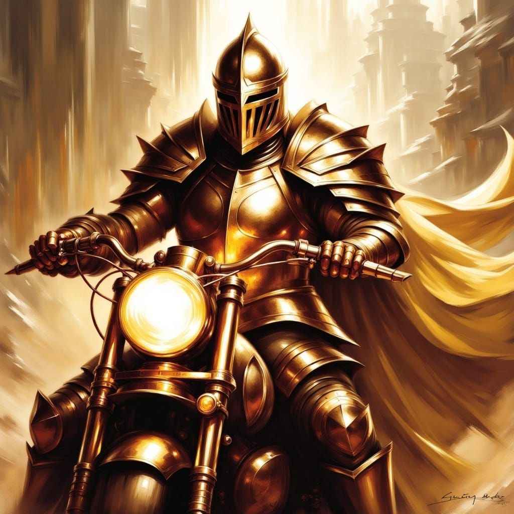Armored Paladin on Motorcycle with Holy Aura