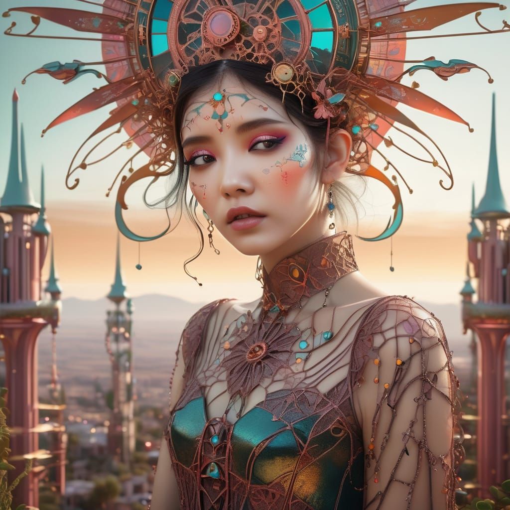 3D above view beautiful solarpunk aetherpunk idyllic utopian world with vast lush undulating landscape filled with thous...