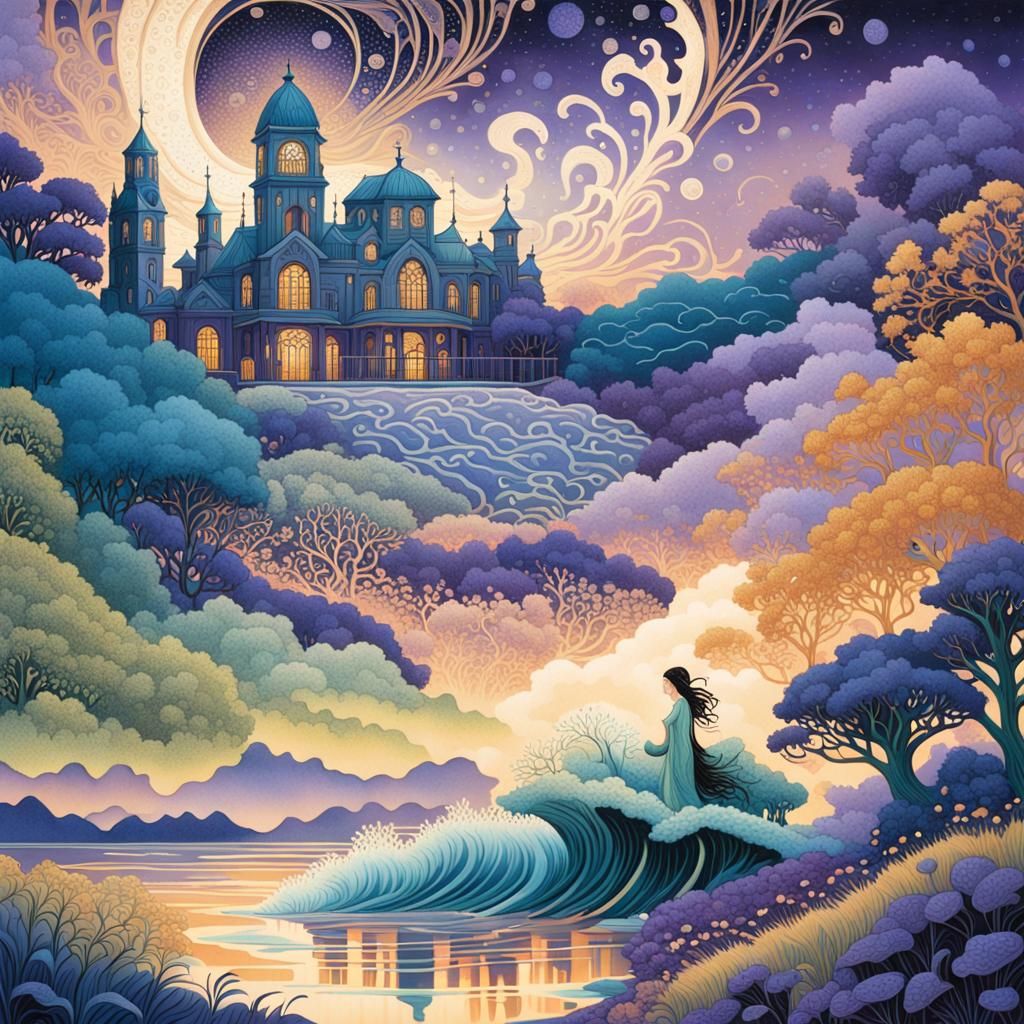 Eldritch Twilight: Woman in Vaporous Art Nouveau Landscape