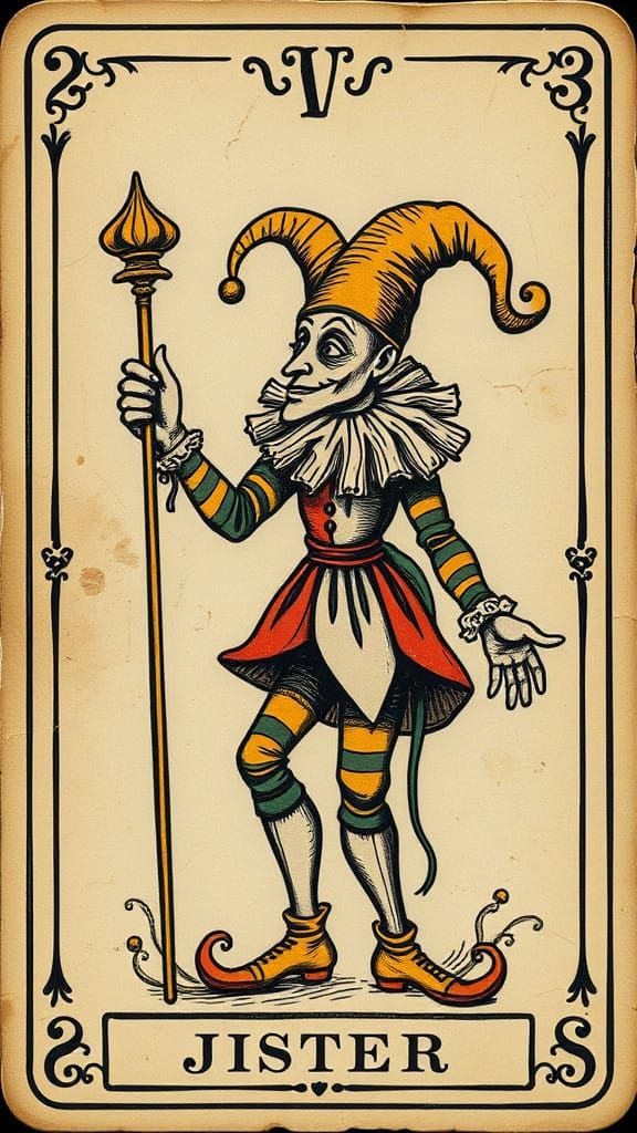Whimsical Jester Tarot Card in 18th-Century French Style