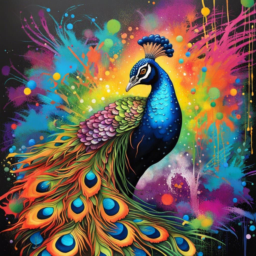 Colorful Peacock in Enchanted Forest Graffiti Art