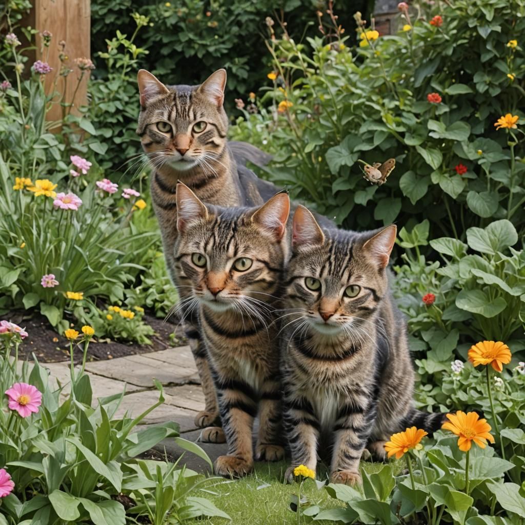 Two Tabby Cats and a Robin in the Garden