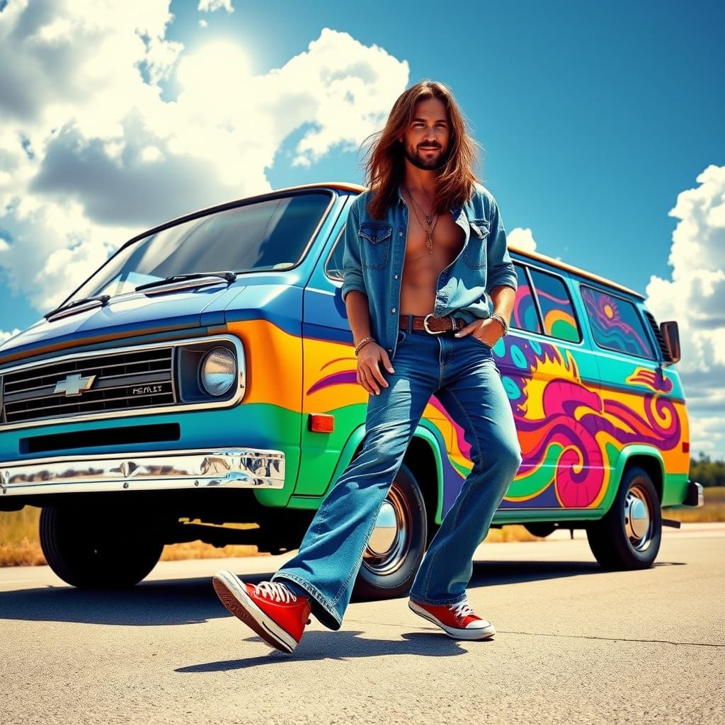 Psychedelic Hippie Steps Forward By Painted Chevy Van