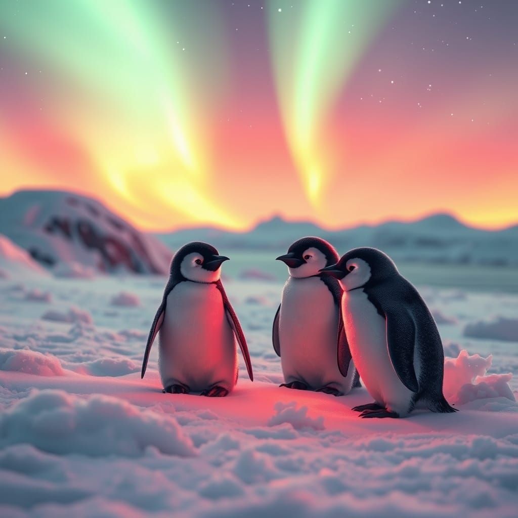 Cute Penguins Under Southern Lights in Neon City