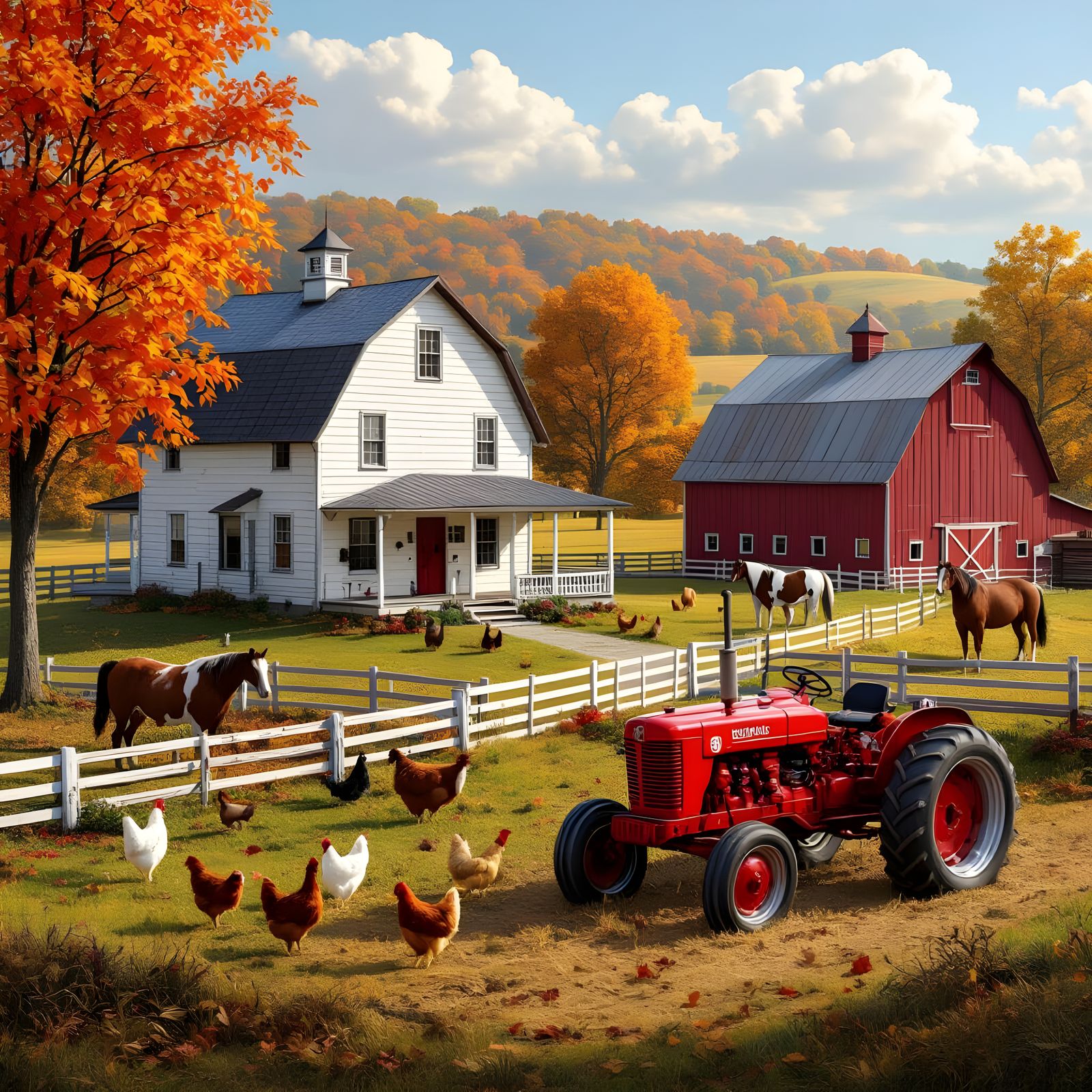 Detailed Autumn Farm Scene with Livestock and Tractor