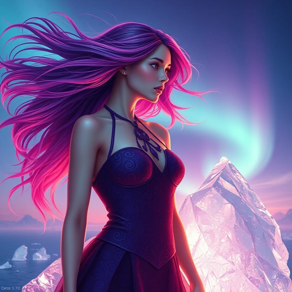 Ethereal Girl on Iceberg with Aurora Sky