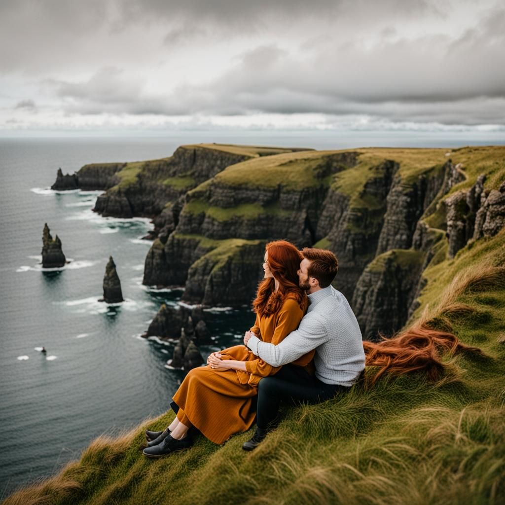 Couple on Cliffs of Ireland, Scenic Landscape