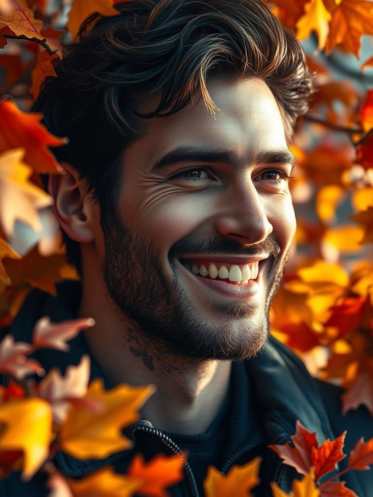 Handsome Man Surrounded by Autumn Leaves in Splash Art