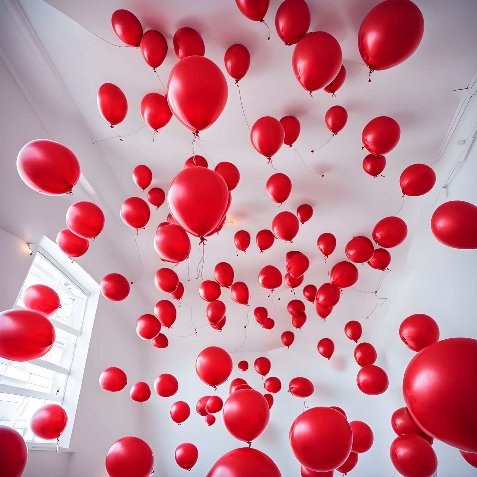 Red Balloons Rise into the Air in a Bright White Room