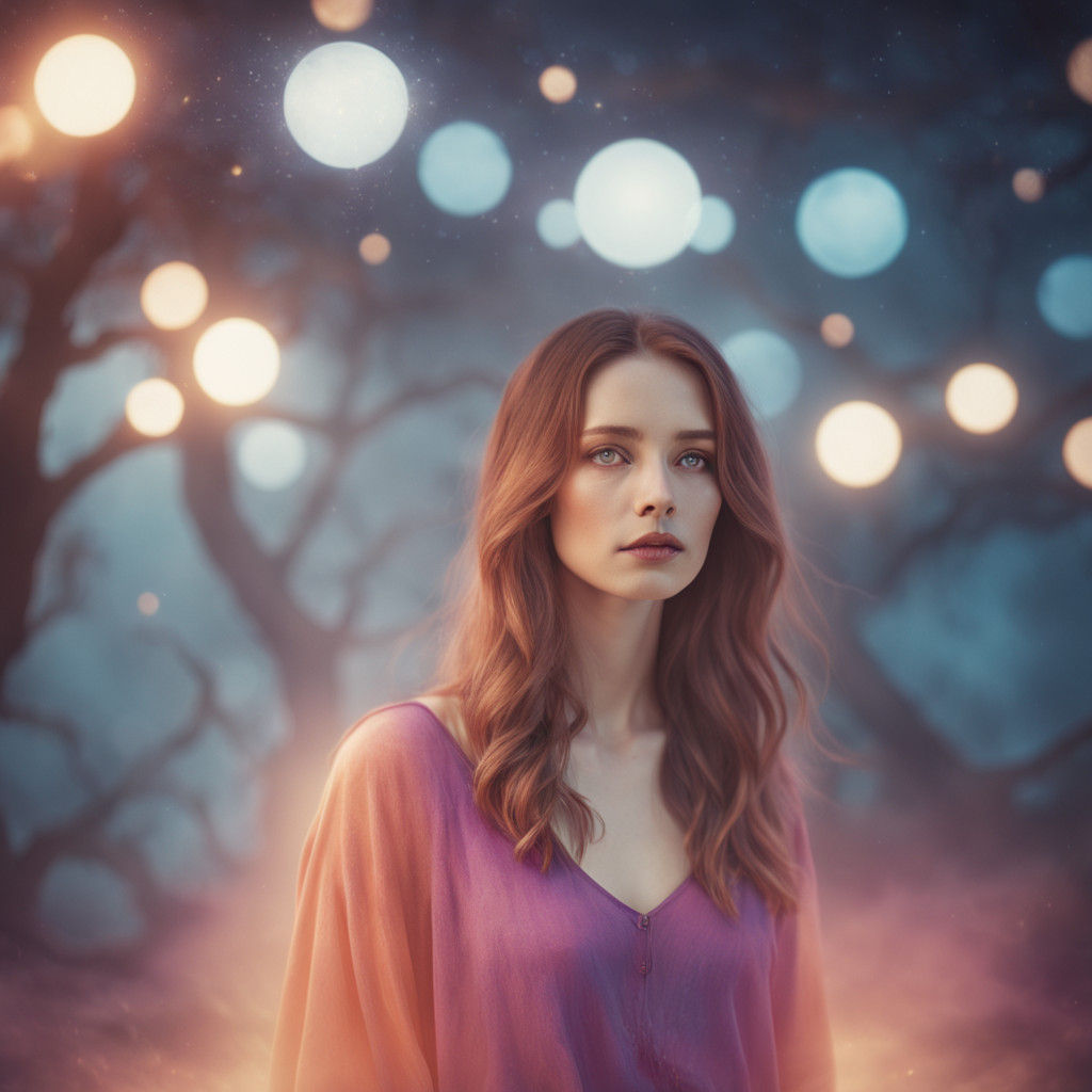 Dreamlike Woman in Vibrant Purple Surrounded by Ethereal Glo...