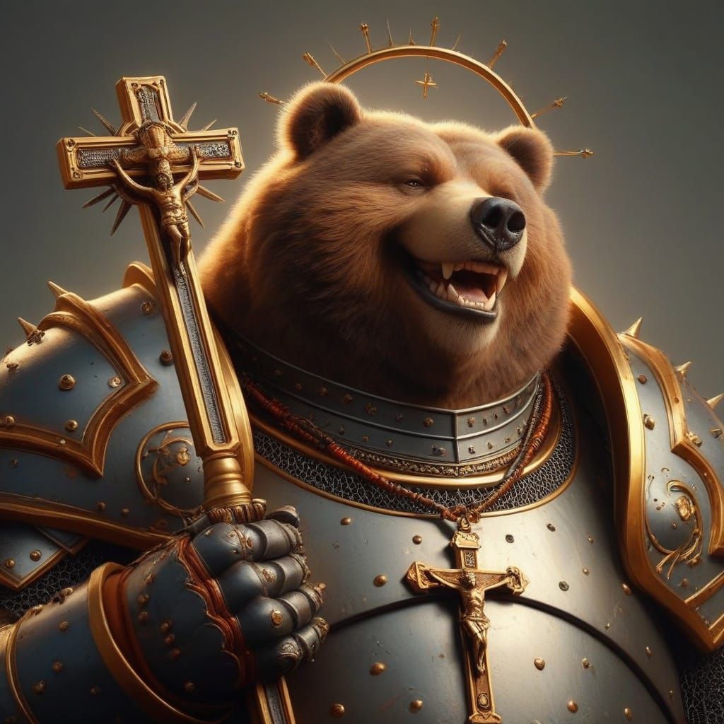 Grizzly Bear Paladin in Holy Armor with Crucifix