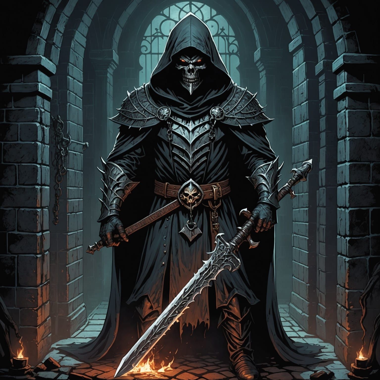 Hooded Demon with Keysword in Dark Prison: Comic Art