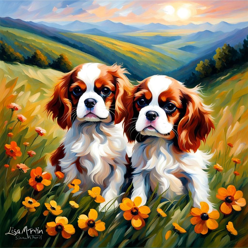 Cavalier Spaniels in Mountain Landscape, Impressionist Style