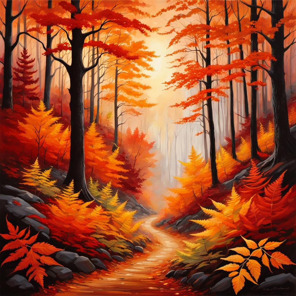 Autumn Forest Path in Alcohol Ink Style