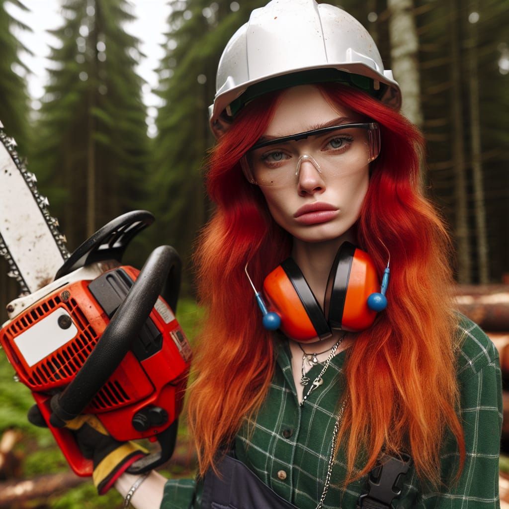 Lumber Worker with Chainsaw in Woods