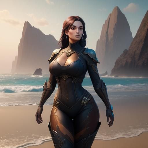 Curvy Girl at Beach in Detailed Matte Painting