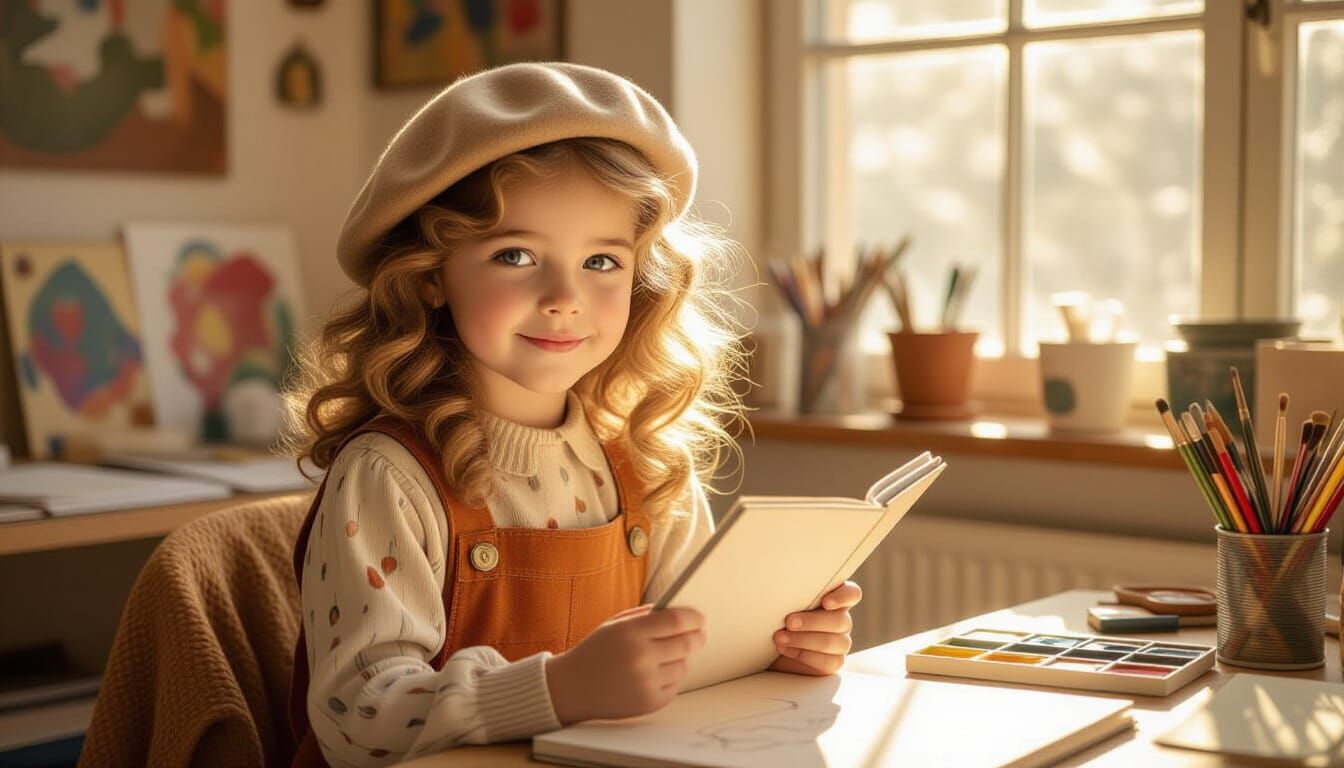 Girl in Sunlit Studio, Ultra-Realistic Photo