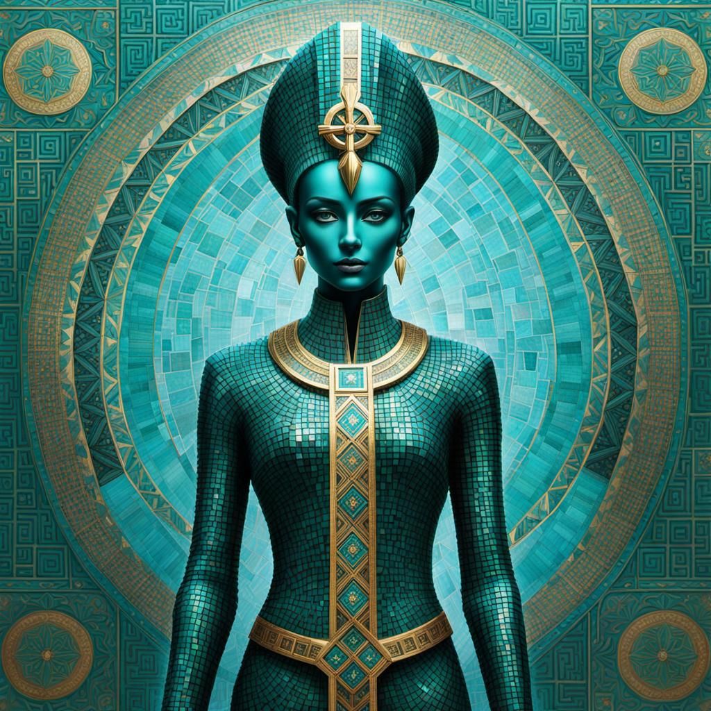 Mosaic Humanoid Figure in Teal, Gold and Aquamarine