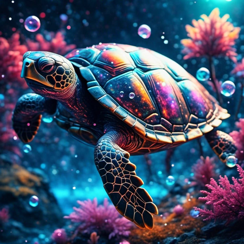 turtle underwater with bubbles and moonbeams