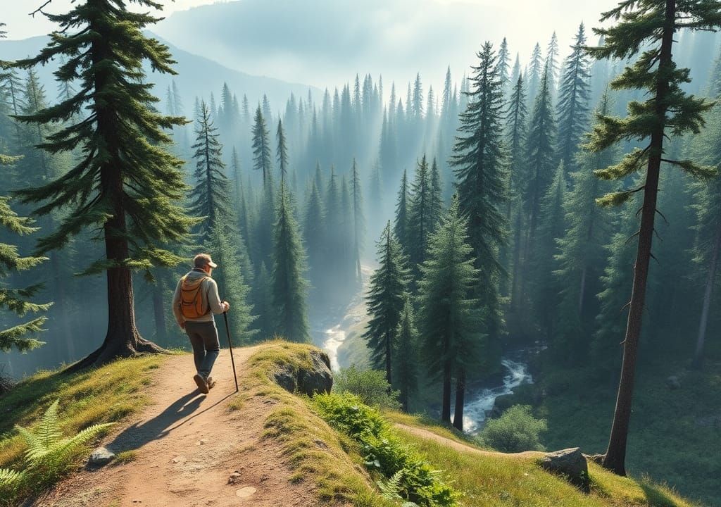 Lone Hiker in Evergreen Forest, Dreamlike Landscape