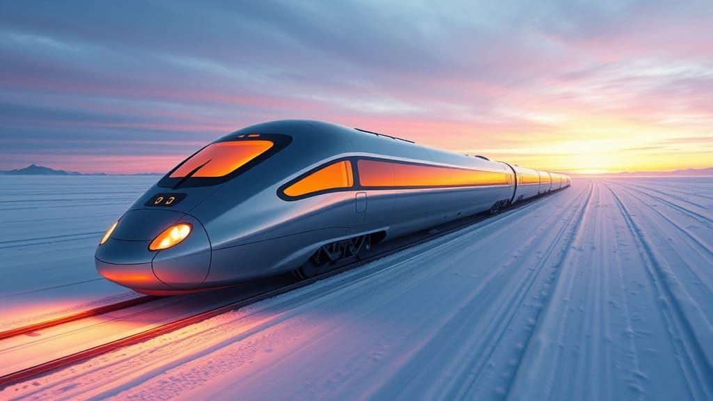 Futuristic Silver Train at Frozen Dawn