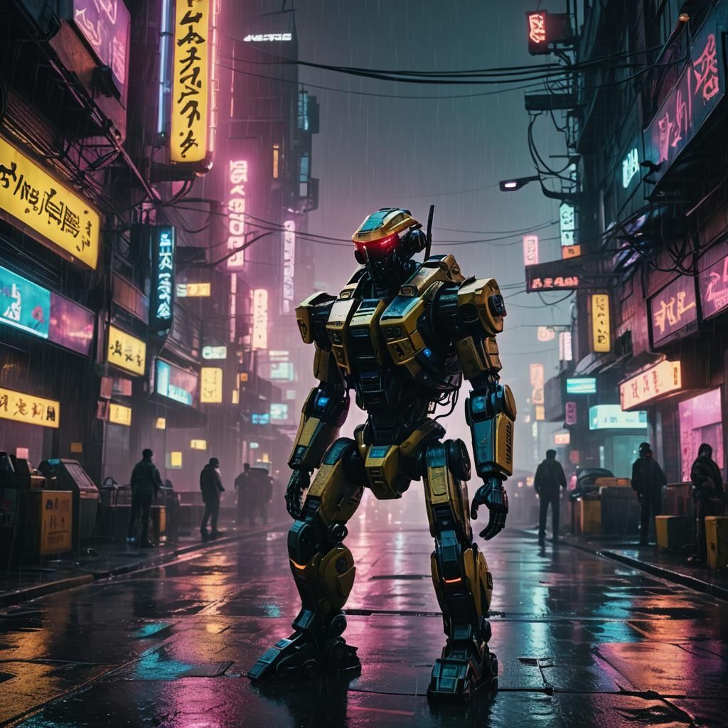 Cyberpunk Sentry Robot Guards Rainy Cityscape