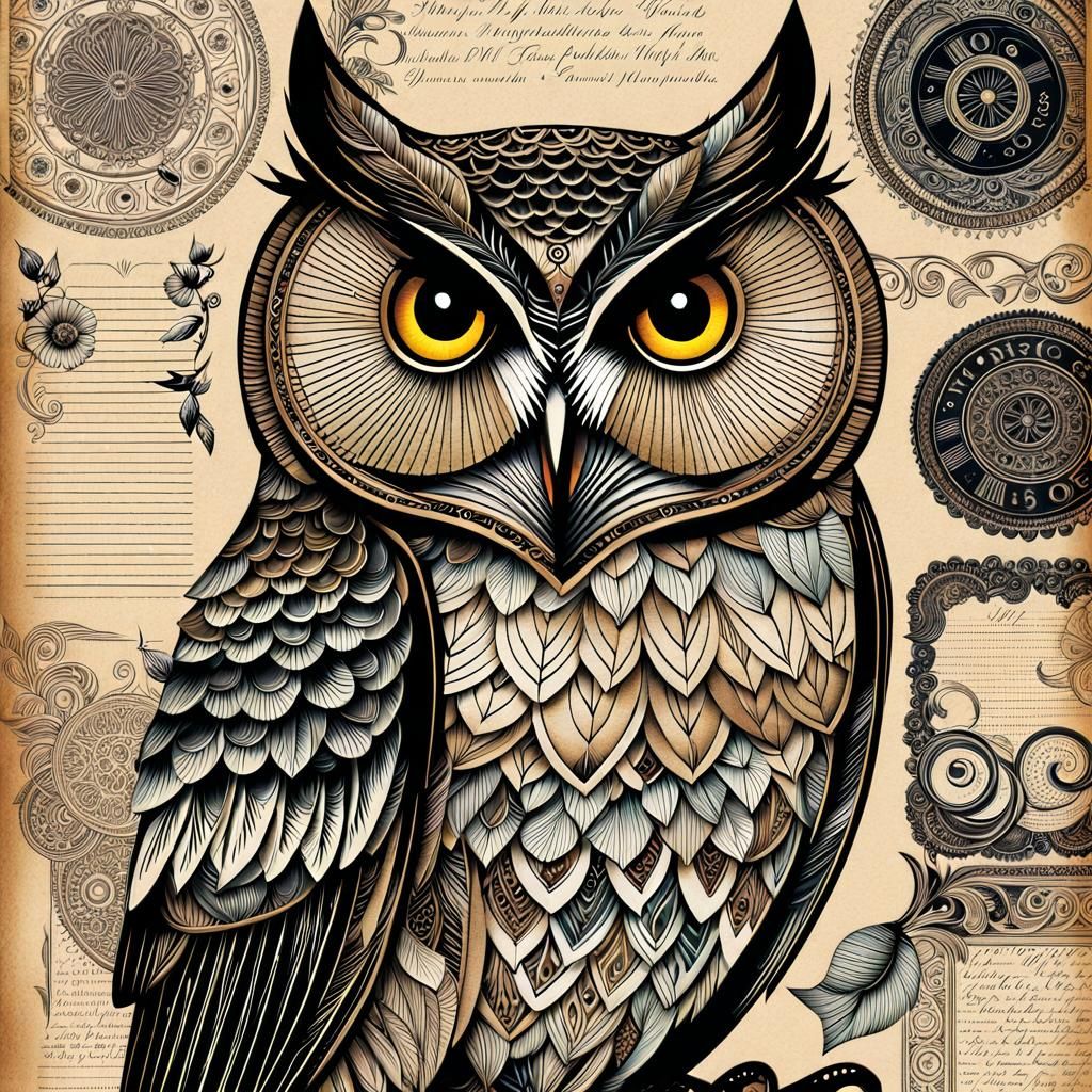 Intricate Vintage Owl Illustration for Junk Journals
