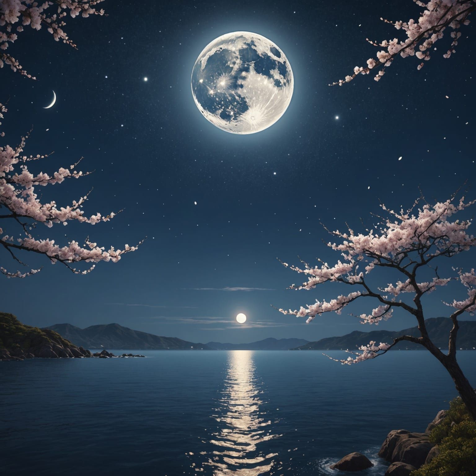 Starry Ocean with Cherry Blossoms in Hyperrealistic Style