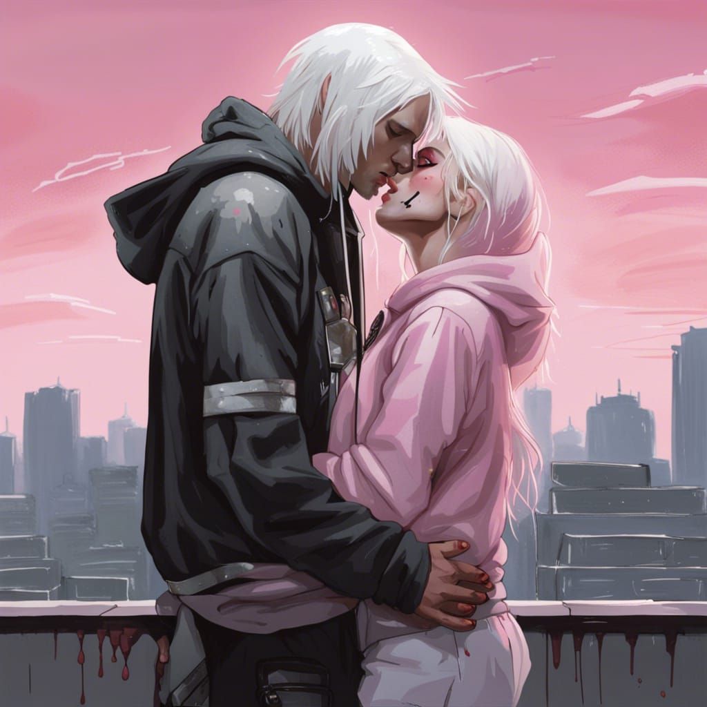 Armored Boy Kisses Crying Girl on Rooftop