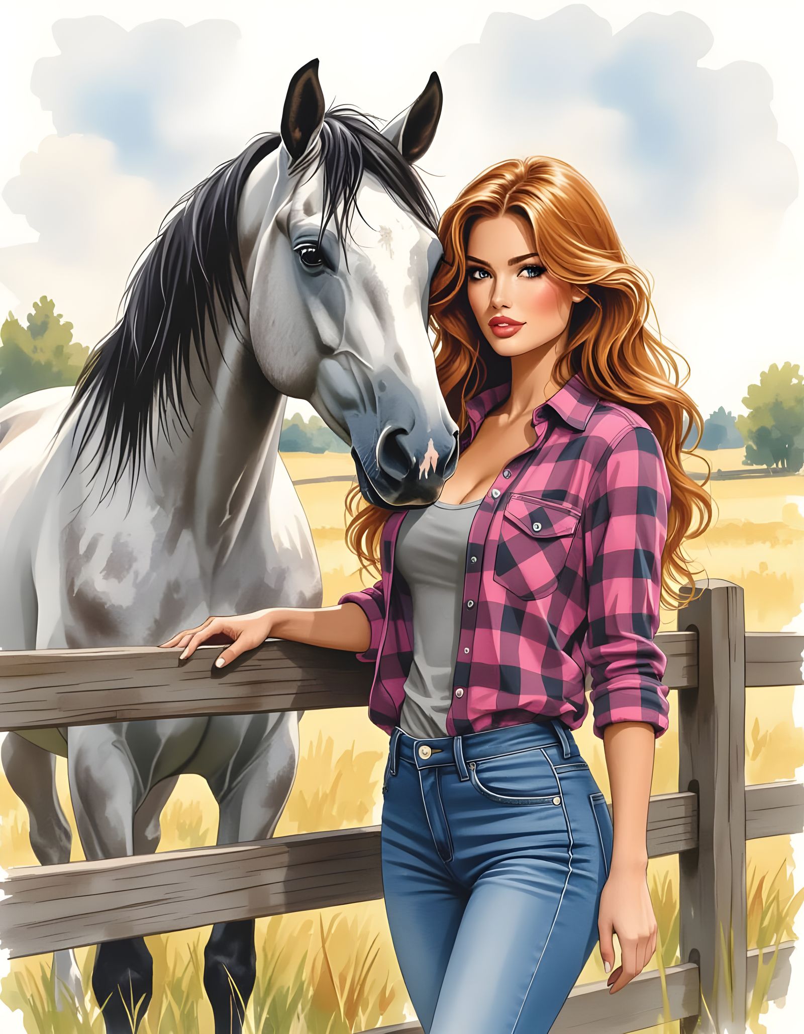 Woman and Horse at Fence in Watercolor Comic Style