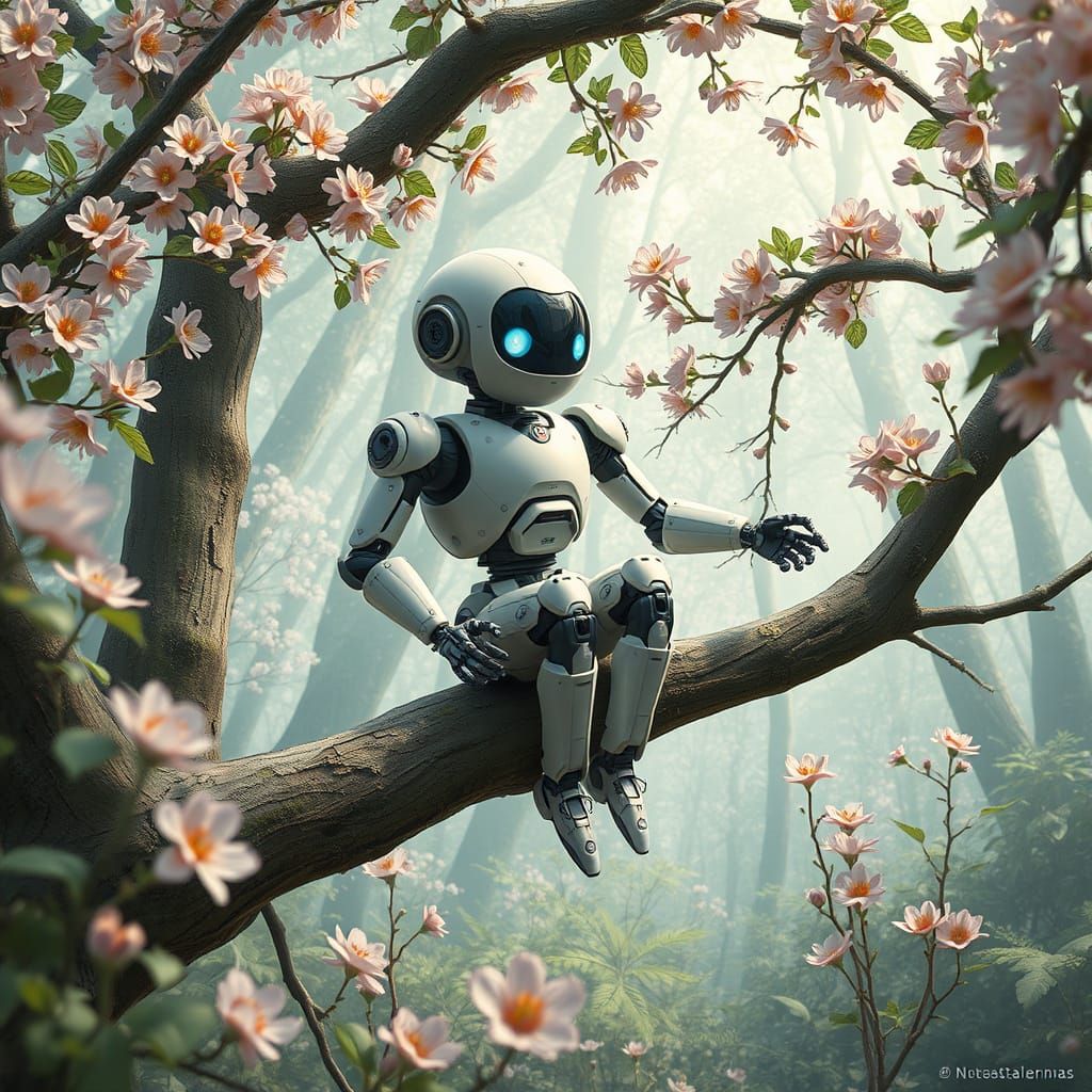 Robot on Tree Branch in Futuristic Forest