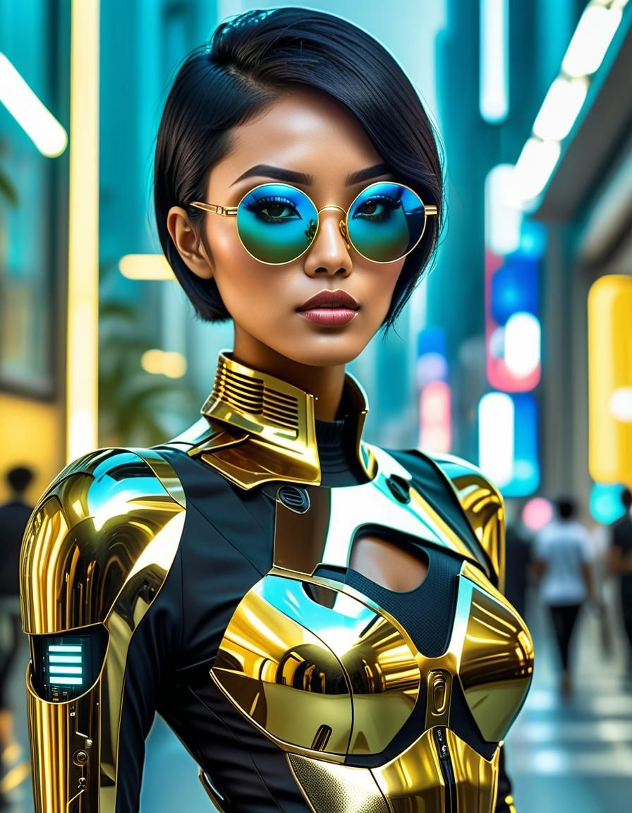 Cyberpunk Indonesian Woman in Tropical Cityscape