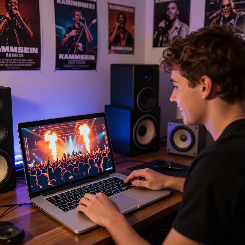 Man Immersed in Rammstein Concert on Laptop