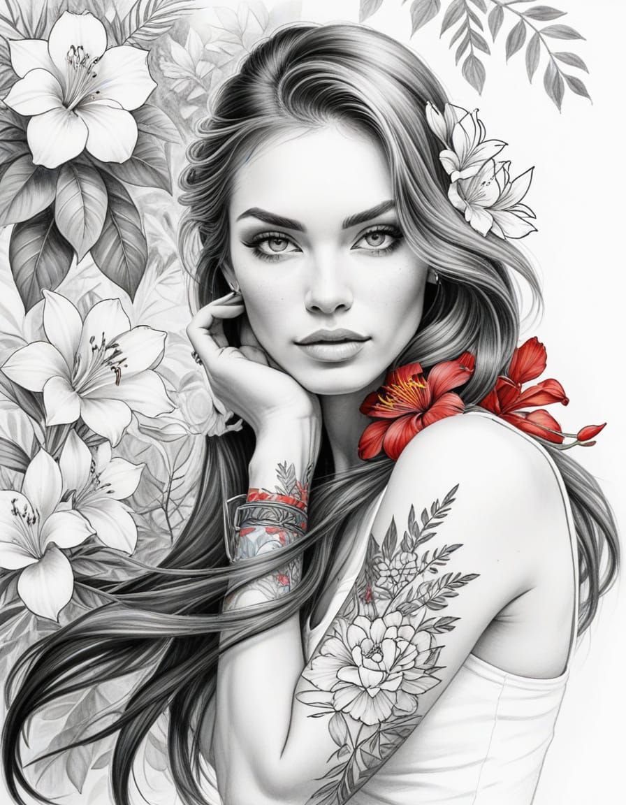 Elegant Charcoal Sketch of Woman with Floral Tattoo