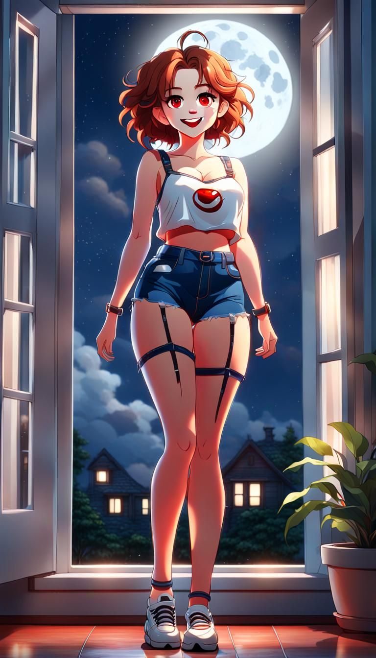 Full body view, cute auburn messy hair, red lips, long eyelashes, big bosoms, thick thighs, wearing adorable shiny loose...