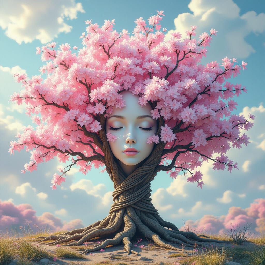 Tree with Metal Wire and Blossoms in Futuristic Style