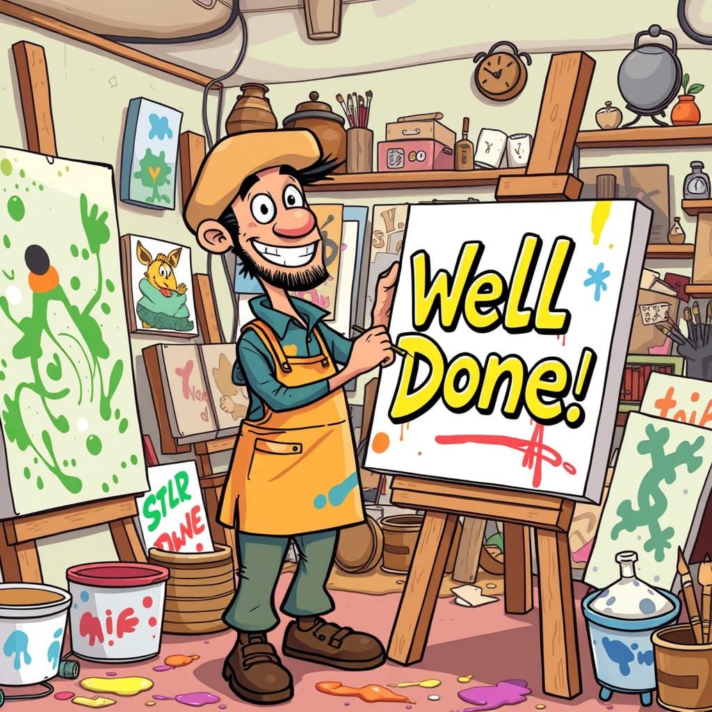 Celebratory Cartoon Artist in Whimsical Studio