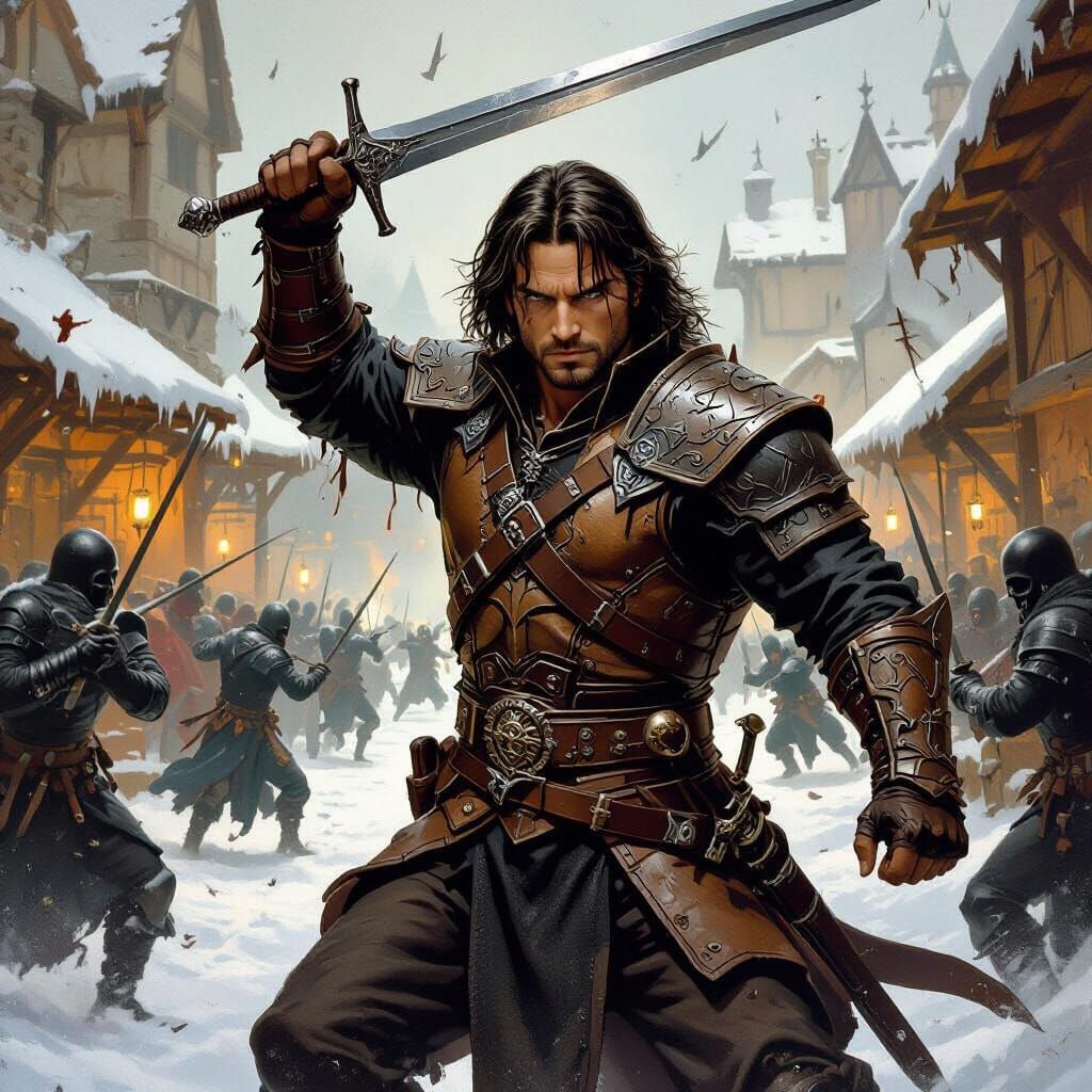 Medieval Warrior Battling Undead Horde