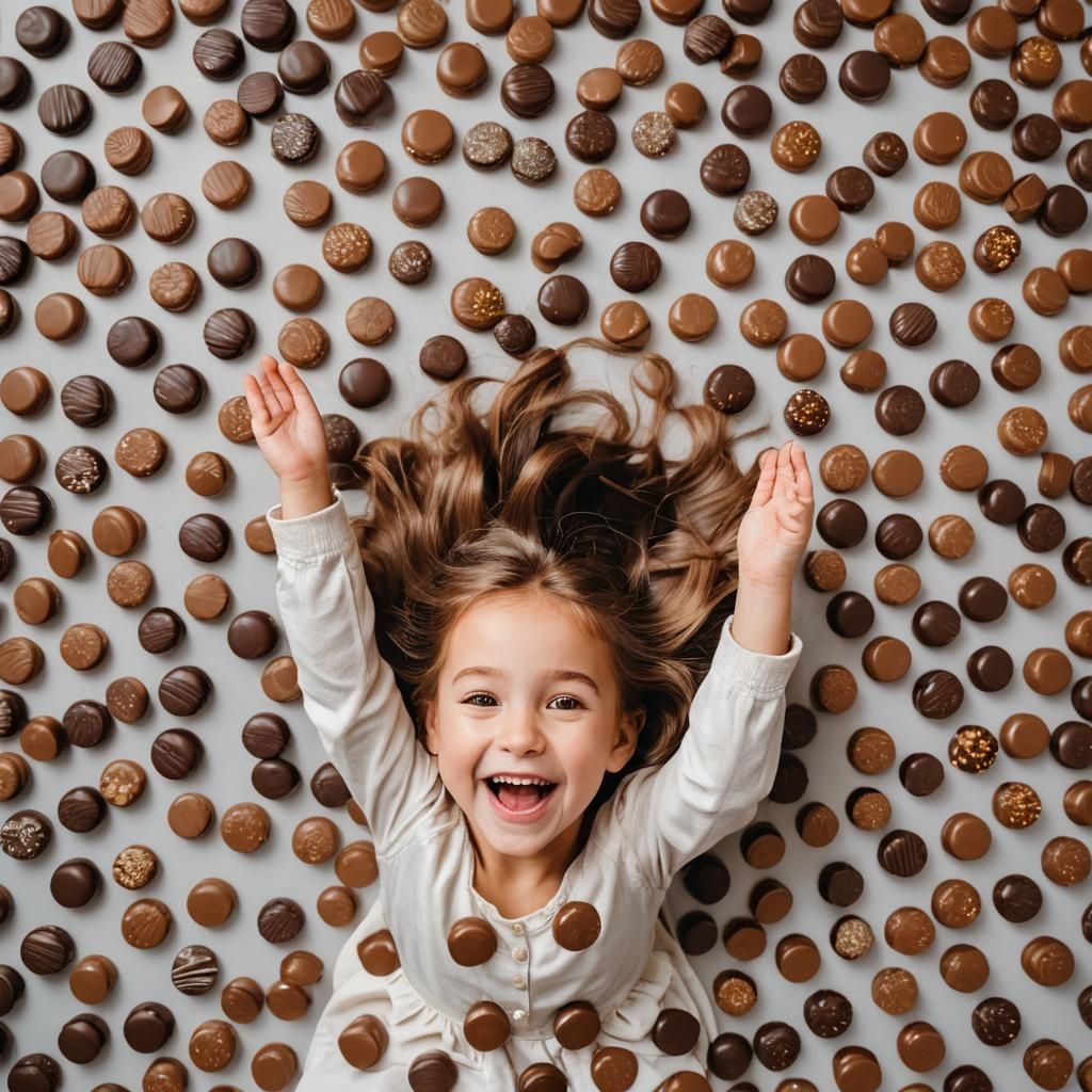 Delighted Girl Surrounded by Chocolates