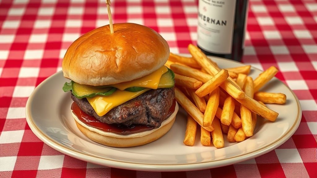 Cheeseburger and Fries on a Red-and-White Checkered Tableclo...