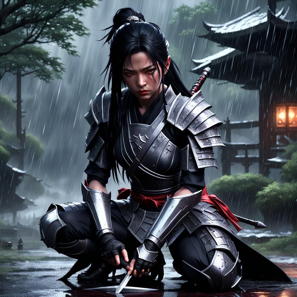 Sad Kunoichi in Rain with Shattered Sword