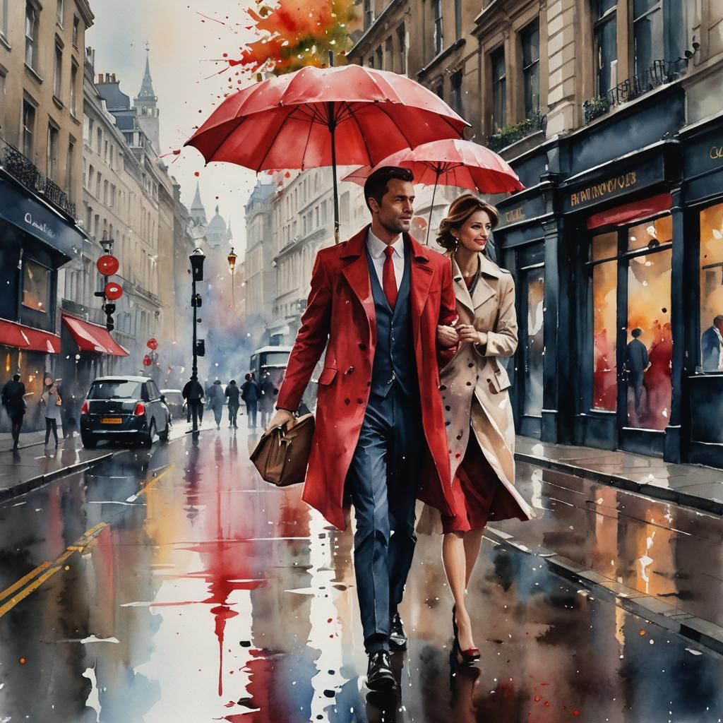 Stylish Couple in London: Watercolor Splash Art