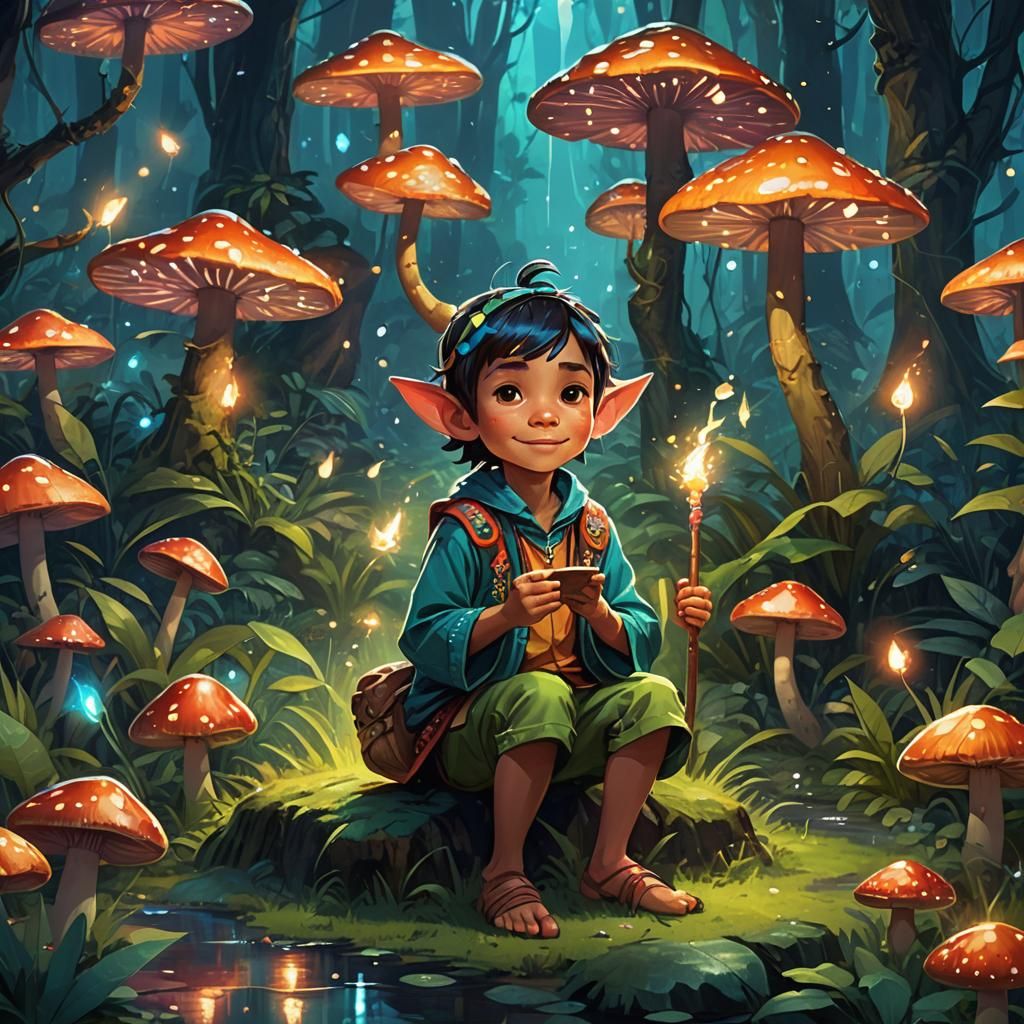 Fantasy Art of Mischievous Boy in Enchanted Forest