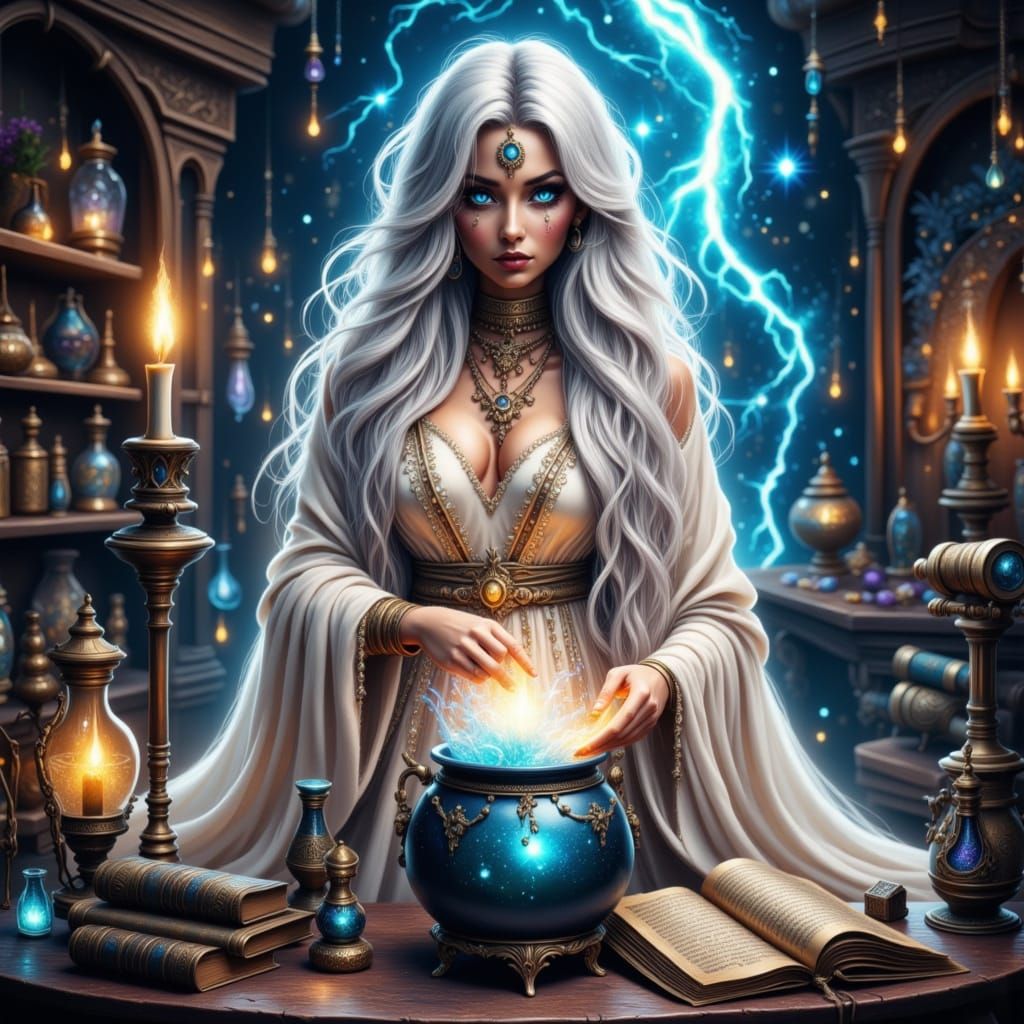 A gorgeous woman with long platinum hair and vibrant blue eyes stands in her magical potion room casting an ethereal mag...