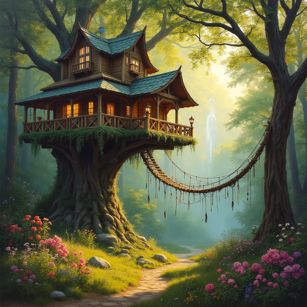 Whimsical Treehouse in Sunlit Forest Landscape