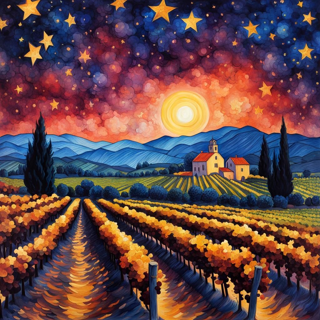 Gothic Vineyard Under Starry Night Sky in Watercolor