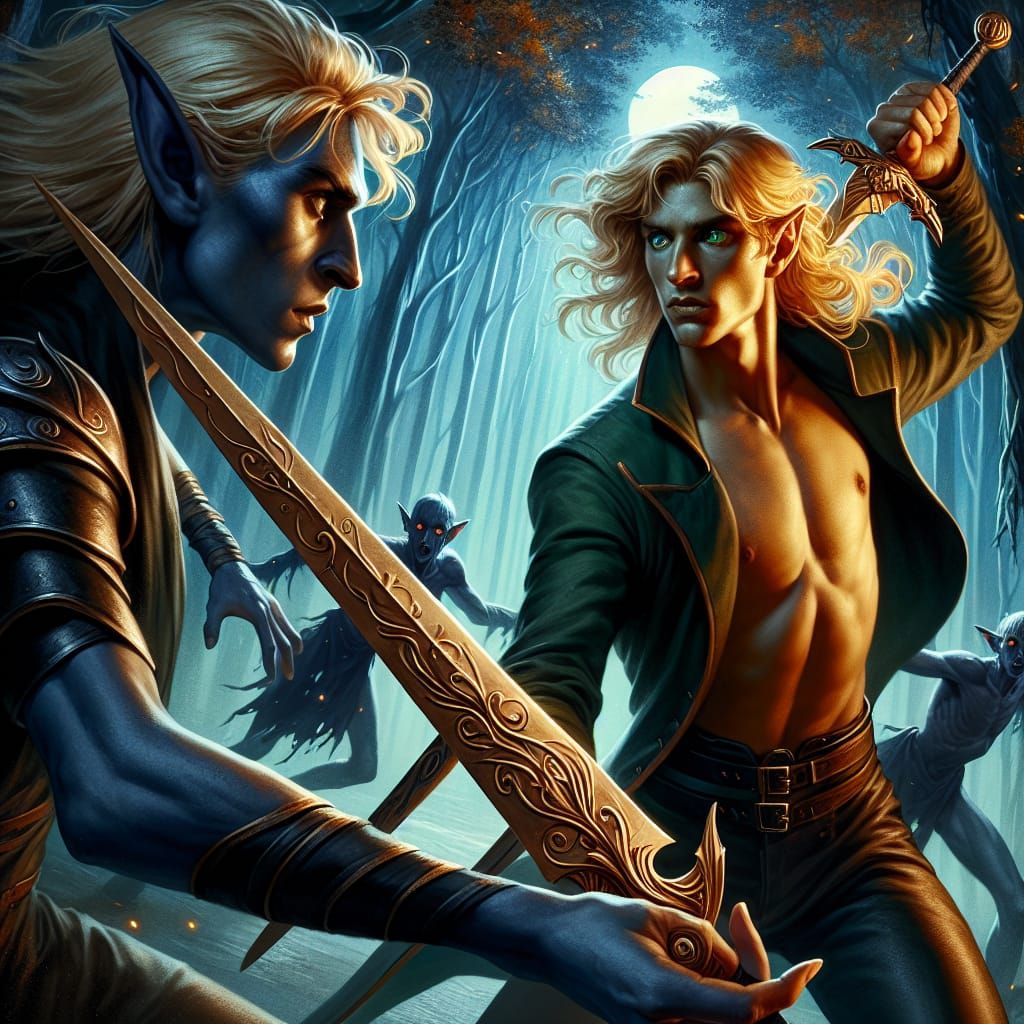 Epic Elf vs Drow Battle in Moonlight Forest